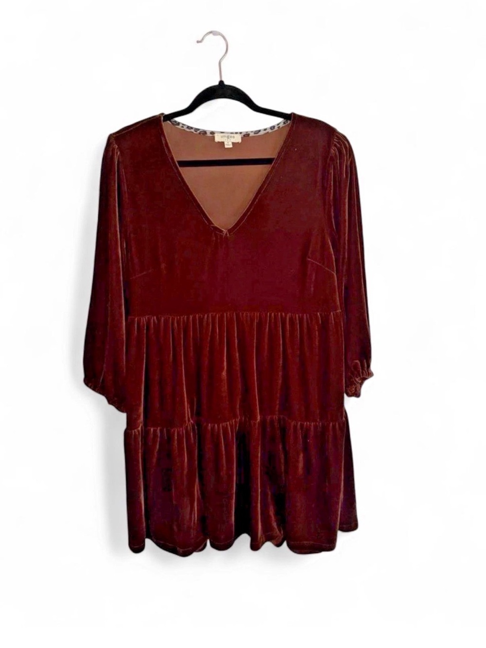 Umgee Brown Velvet Tiered Dress Size M V Neck 3/4 Sleeve Boho Fall Holiday